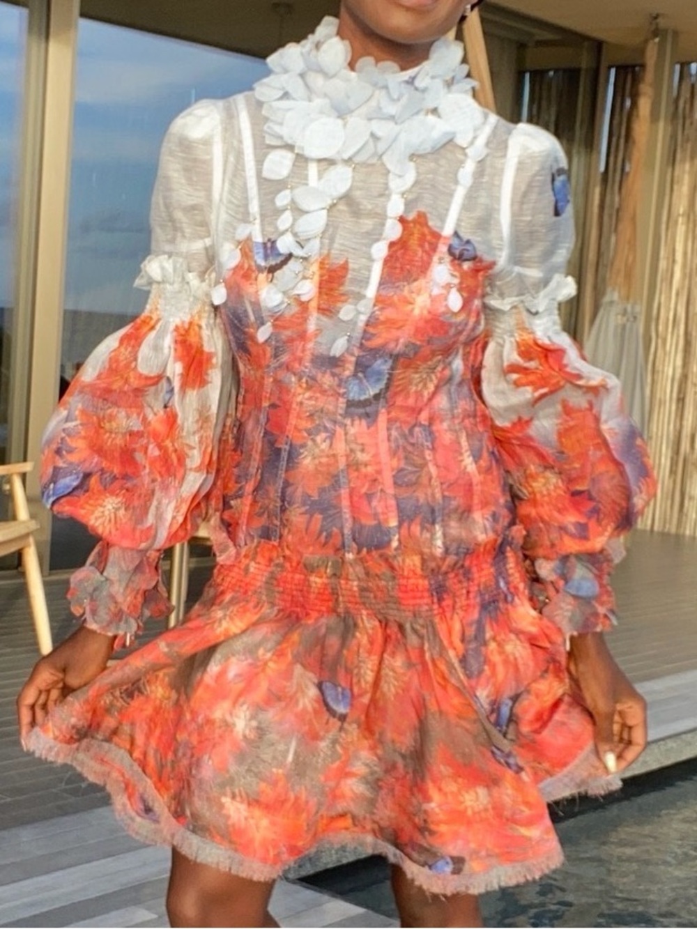 Zimmermann Coral and White Floral Puff-Sleeve Mini Dress - Picture 2 of 3